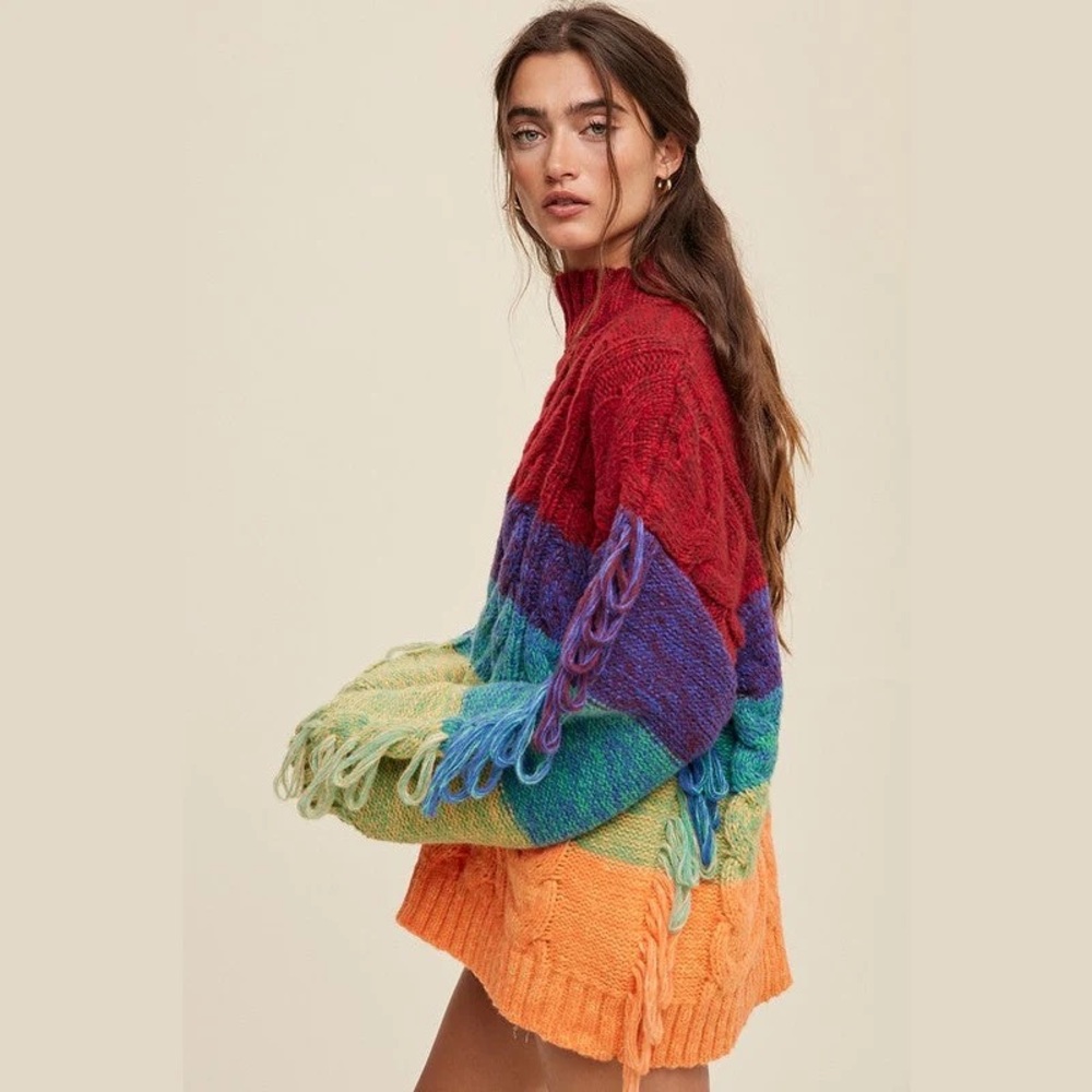 LISTICLE Rainbow Chunky Cable Knit Fringe Sweater- NWT